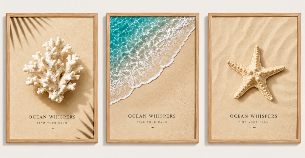 Set 3 Cuadros Paisajes De Playa Concha Estrella Coral Frases Marco Marrón Claro