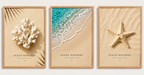 Set 3 Cuadros Paisajes De Playa Concha Estrella Coral Frases Marco Marrón Claro