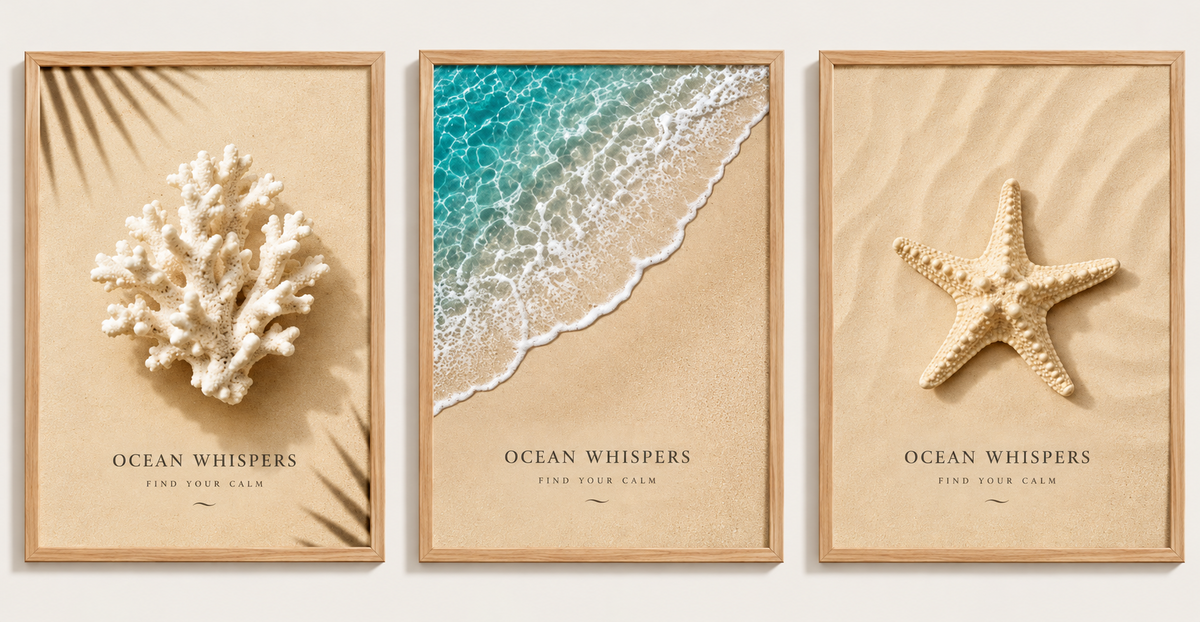 Set 3 Cuadros Paisajes De Playa Concha Estrella Coral Frases Marco Marrón Claro