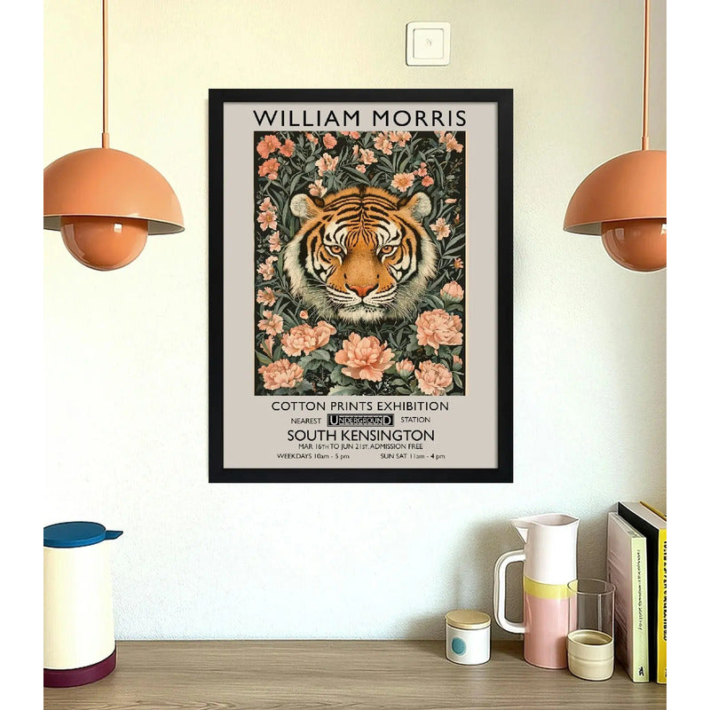 Cuadro Living Tigre Flores William Morris Botanico Animal Marco Negro