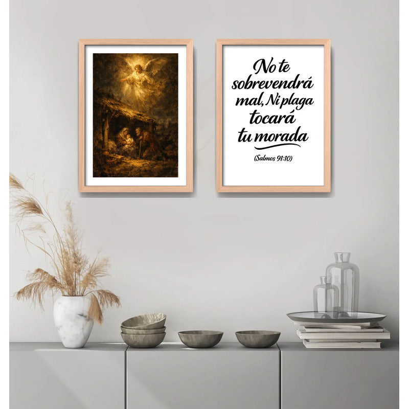 Set 2 Cuadros Jesús Cristo Nacimiento Y Salmo 91:10 Biblia Marco Madera Natural Oak