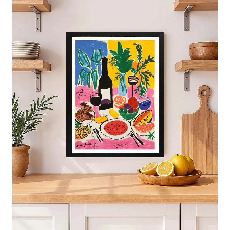 Cuadro Cocina Living Mesa Comida Vino Chef Cocinero Arte Marco Negro