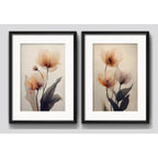 Set 2 Cuadros Flores Amapolas Tonos Pastel Con Paspartú Marco Negro