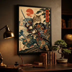 Cuadro Gato Samurai Ninja Japonés Arte Marcial Decoracion Marco Negro