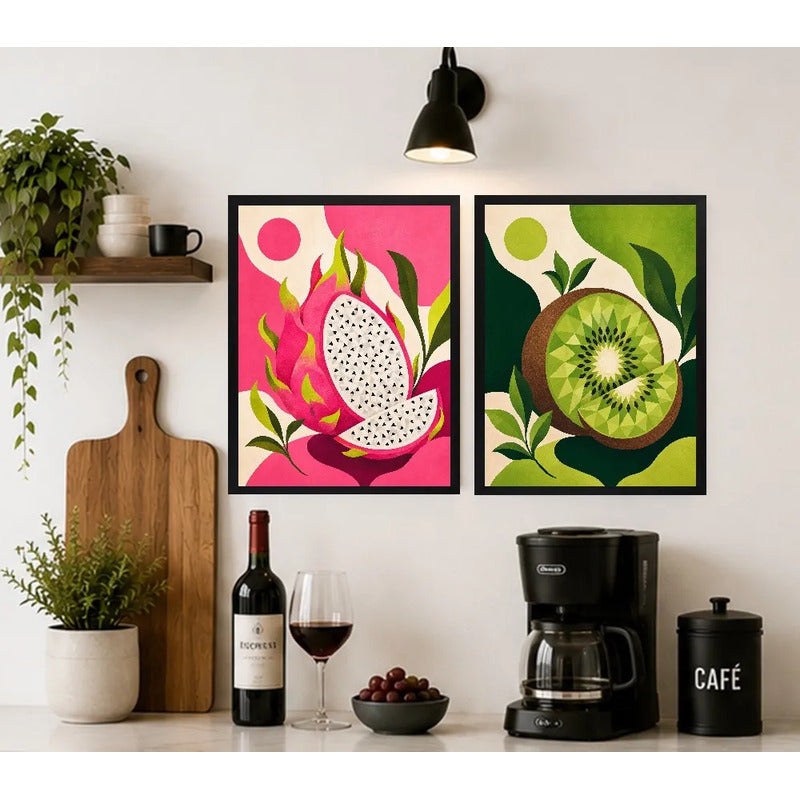 Set 2 Cuadros Cocina Frutas Tropicales Decora Living Comedor Marco Negro