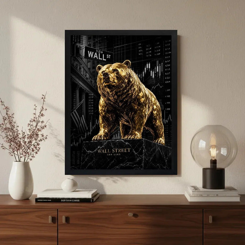 Cuadro Oso De Wall Street Dorado Arte Finanzas Decoracion Marco Negro