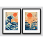 Set 2 Cuadros Arte Japones Ola Monte Fuji Sol Con Paspartu 53x43cm Cada Cuadro Negro