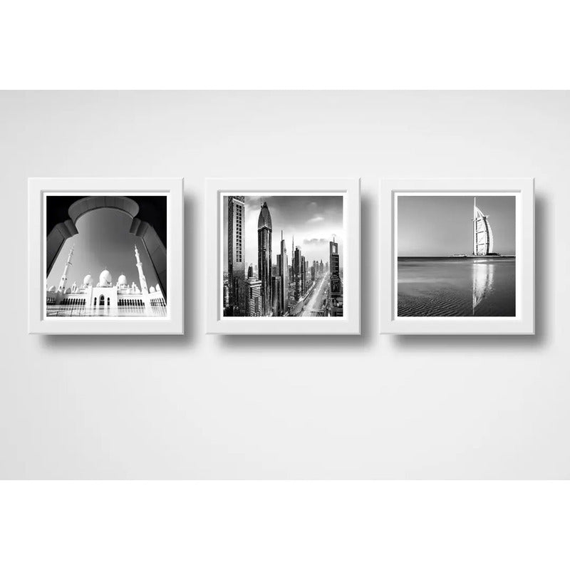 Set 3 Cuadros Dubái Emiratos Arabes Blanco Y Negro Decora