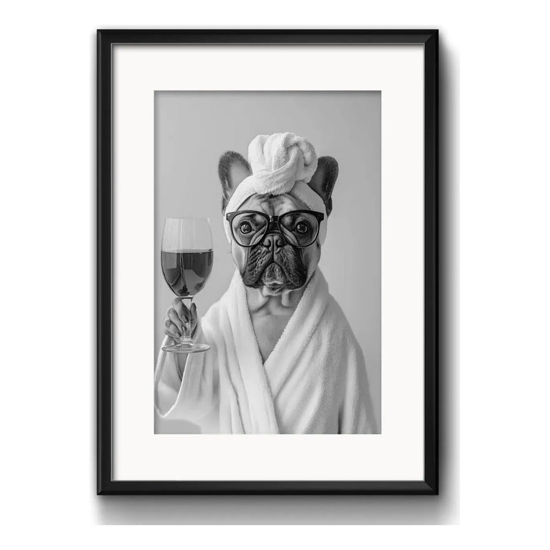 Cuadro Perro Con Bata De Bano Tomando Vino Arte Con Paspartú