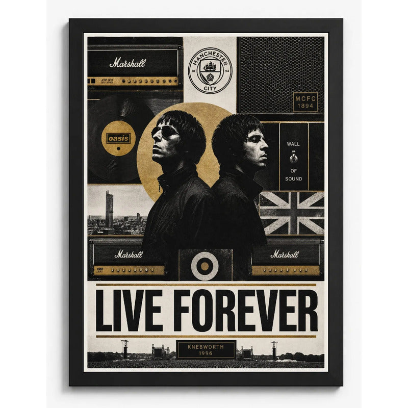 Cuadro Oasis Live Forever Manchester City Futbol Arte Rock Marco Negro