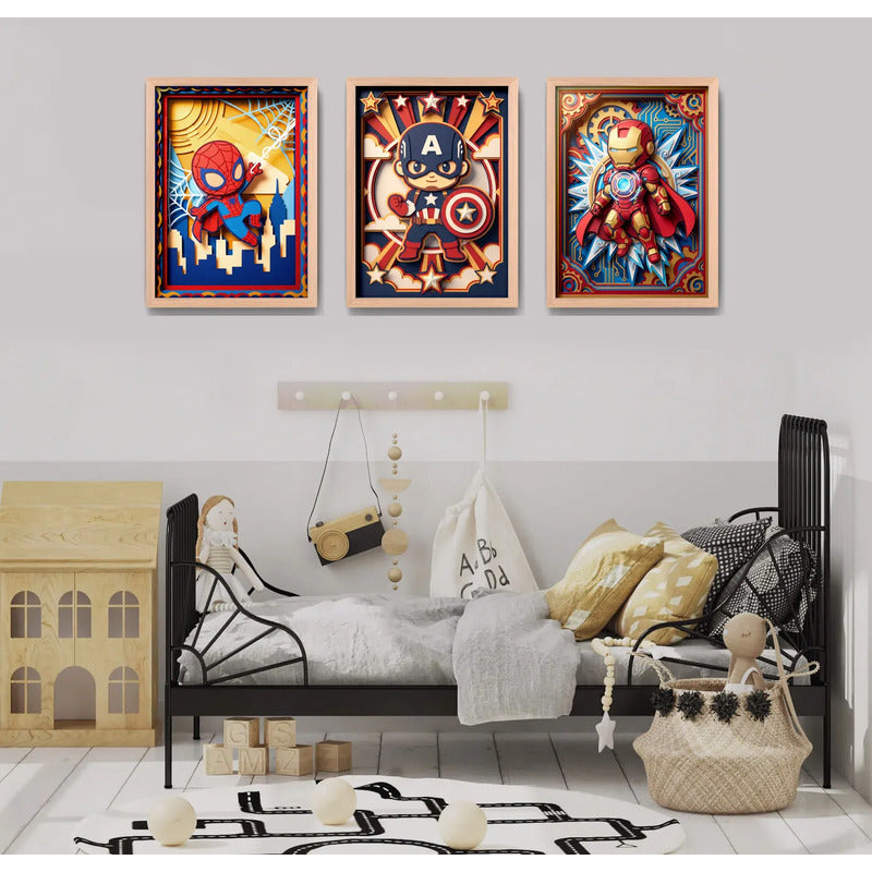Set 3 Cuadros Superheroes Efecto 3d Para Dormitorio Infantil Marco Marrón Claro