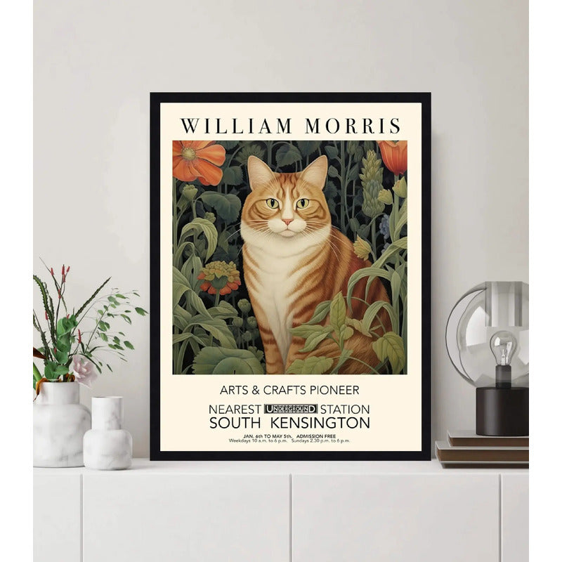 Cuadro Gato Flores William Morris Art & Crafts Exposición Marco Negro