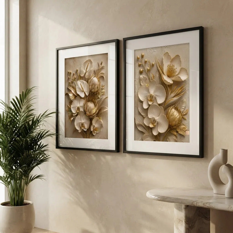 Set 2 Cuadros Flores Blancas Tonos Beige Lujosa Con Paspartú 43x33cm Cada Cuadro Negro