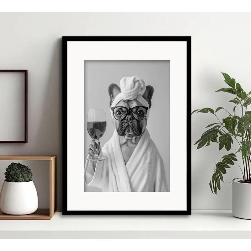 Cuadro Perro Con Bata De Bano Tomando Vino Arte Con Paspartú