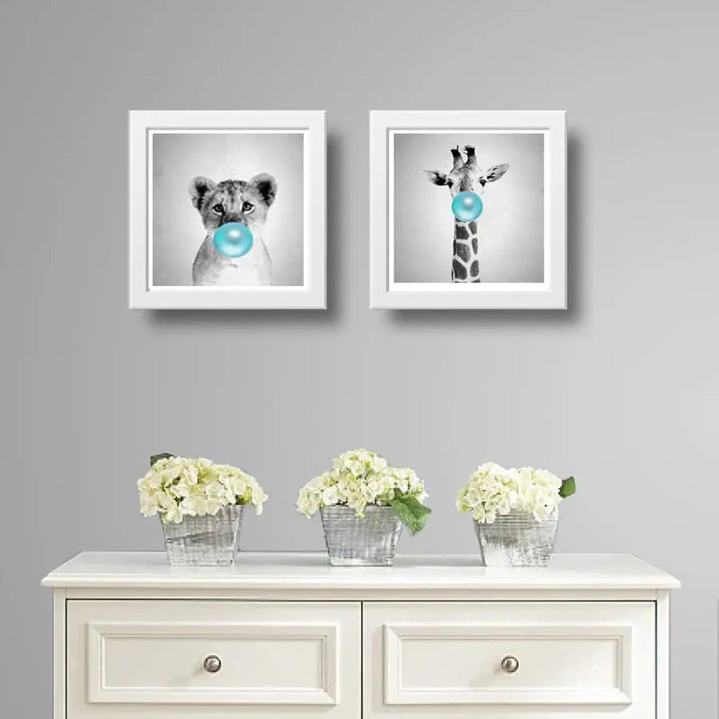 Set 2 Cuadros Leon Chicle Jirafa Baby Animals Art Decoracion