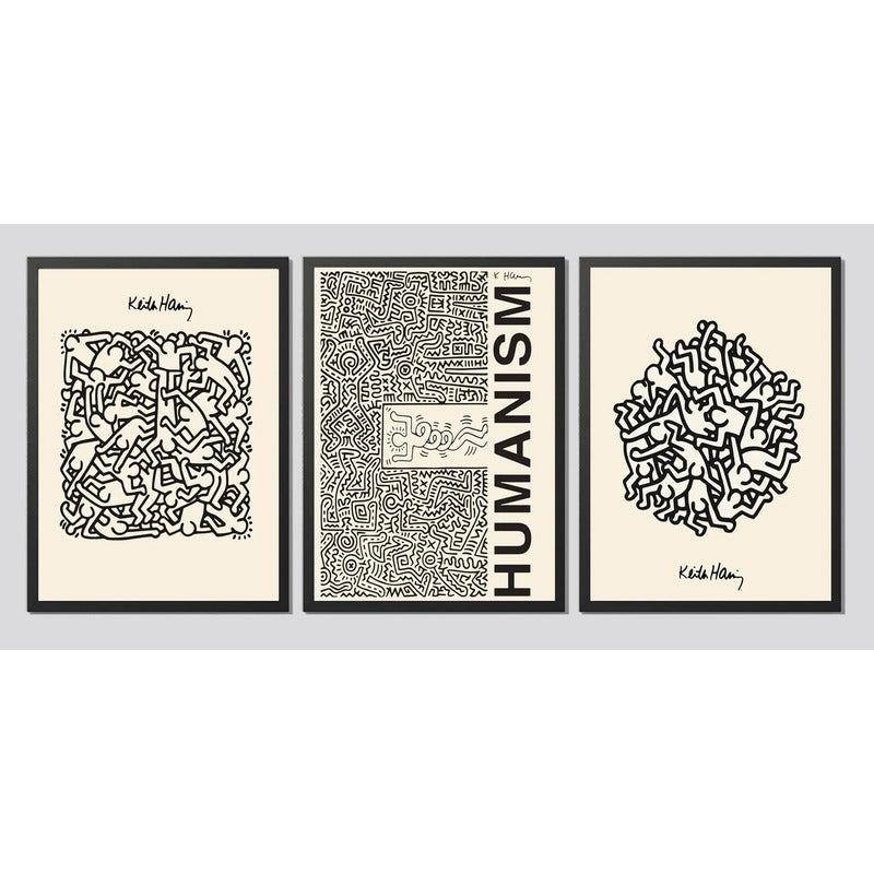 Set 3 Cuadros Keith Haring Humanism Obra Mural Street Art Marco Negro