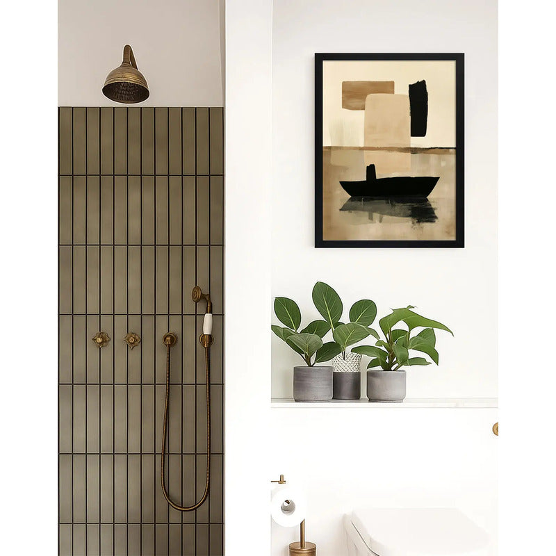 Cuadro Dormitorio Living Boho Abstracto Barcos Tonos Neutros Marco Negro