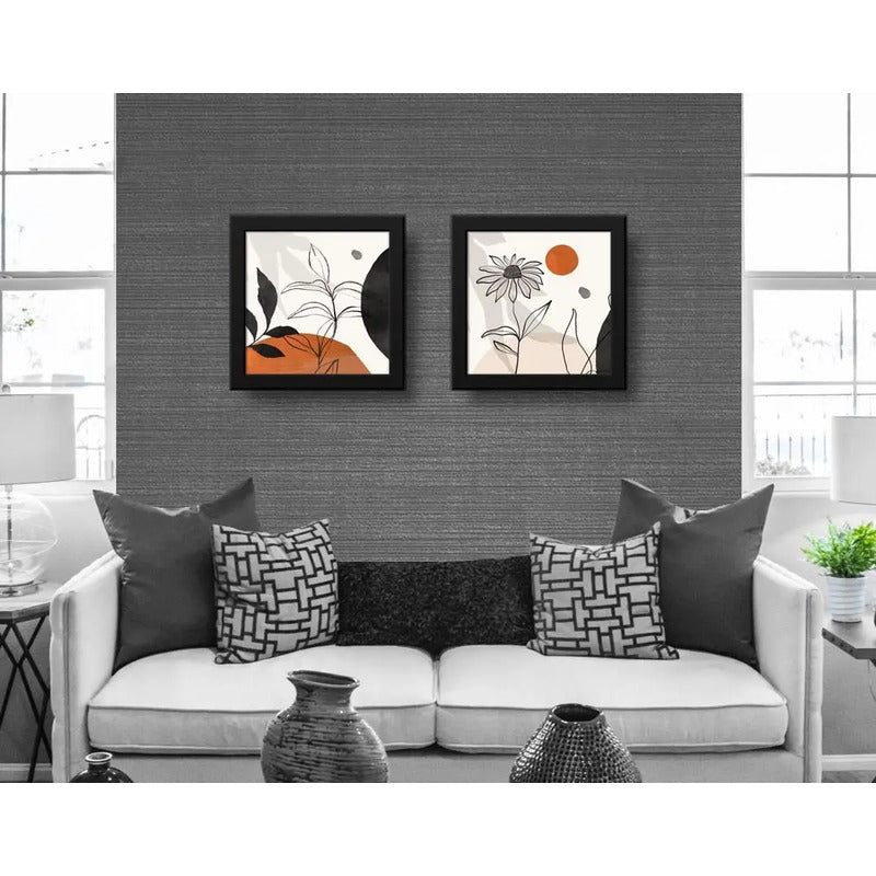 Set 2 Cuadros Boho Chic Hojas Flor Arte Decoracion 33x33cm Marco Negro