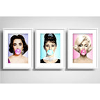 Set 3 Cuadros Marilyn Audrey Elizabeth Chicle Con Paspartú