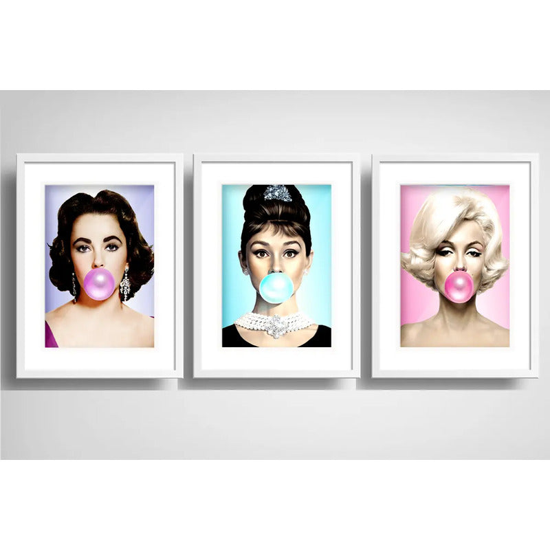 Set 3 Cuadros Marilyn Audrey Elizabeth Chicle Con Paspartú