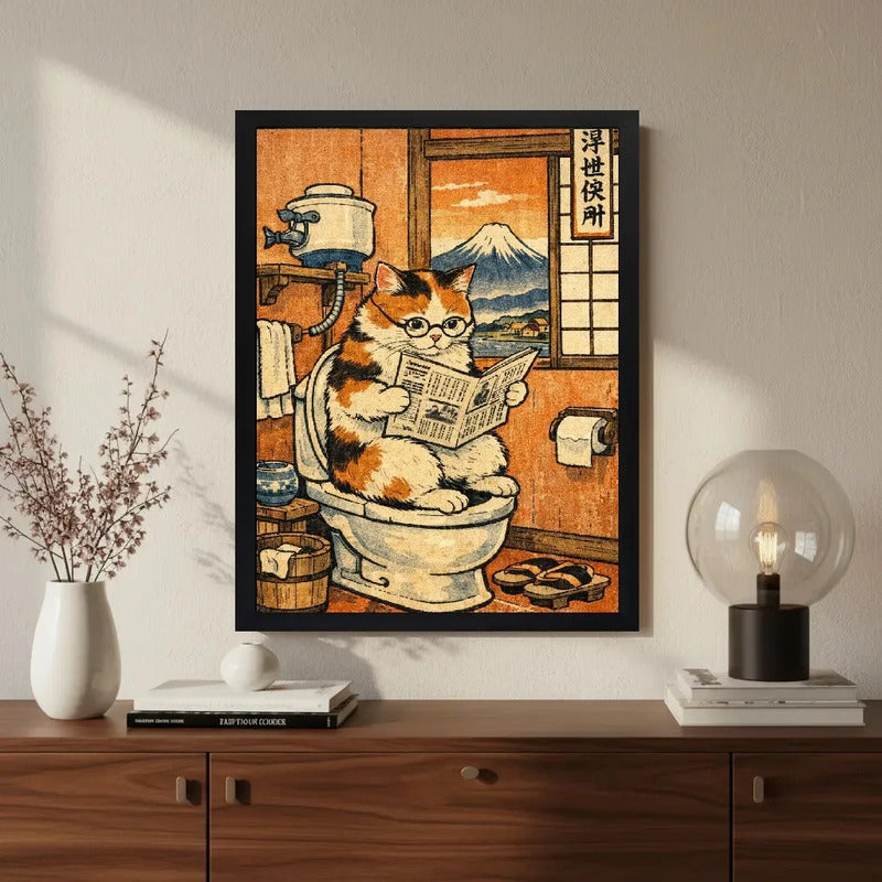 Cuadro Gato Bano Diario Japón Mascota Arte Decoracion Marco Negro