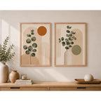 Set 2 Cuadros Living Abstracto Boho Eucalipto Beige Neutro Marco Marrón Claro