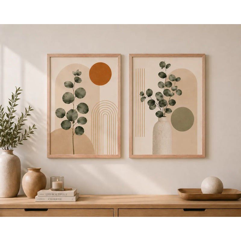 Set 2 Cuadros Living Abstracto Boho Eucalipto Beige Neutro Marco Marrón Claro