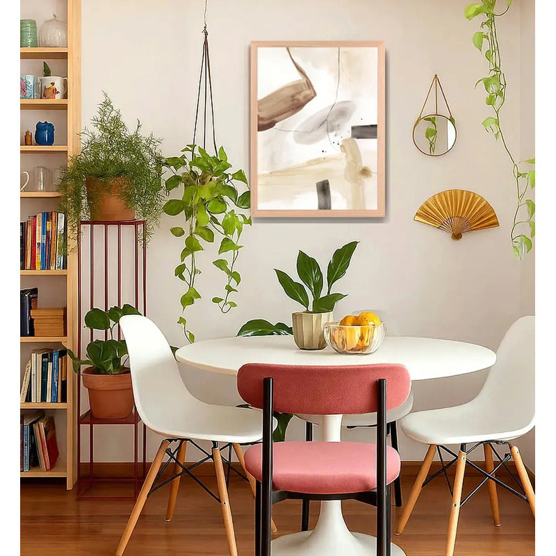 Cuadro Dormitorio Living Boho Abstracto Beige Acuarela Oak Marco Marrón Claro