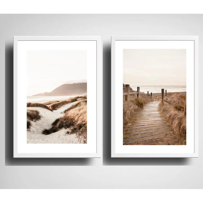 Set 2 Cuadros Paisajes De Playa Tonos Beige Neutros Dunas Marco Blanco