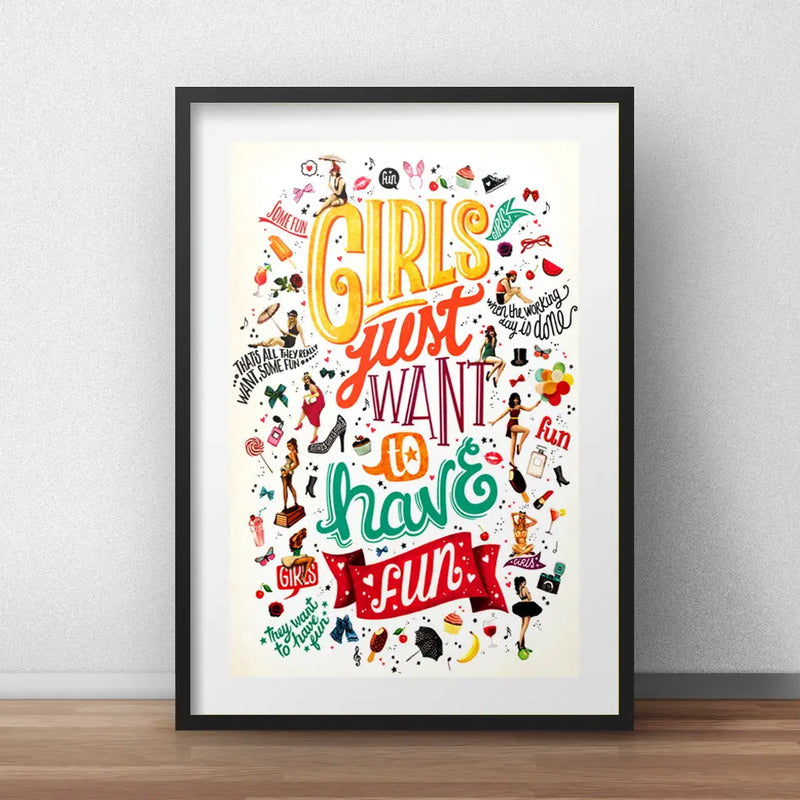 Cuadro Cyndi Lauper Letra Musica Girls Have Fun Con Paspartú Marco Negro
