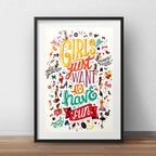 Cuadro Cyndi Lauper Letra Musica Girls Have Fun Con Paspartú Marco Negro