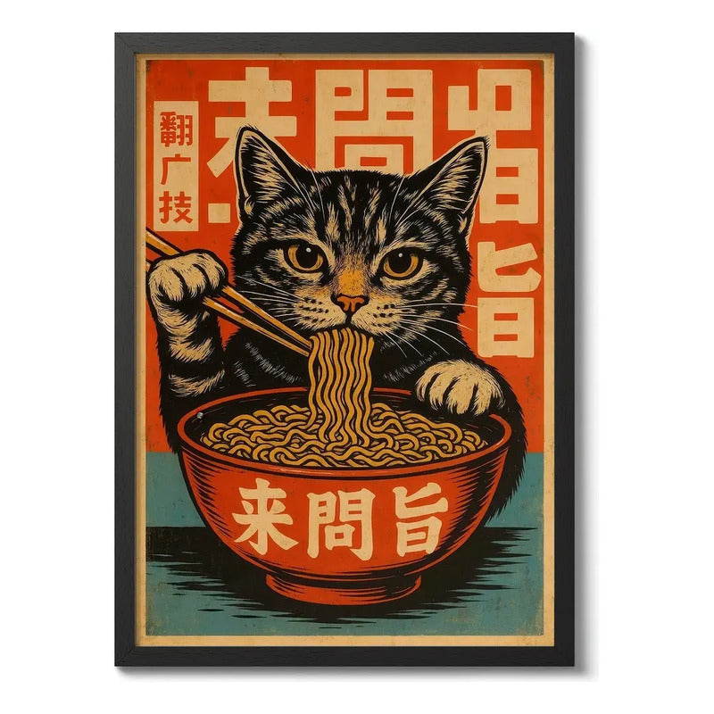 Cuadro Gato Ramen Noodles Japonés Arte Oriental 2 Decoracion Marco Negro