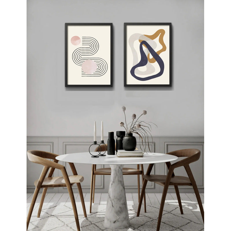 Set 2 Cuadros Boho Abstracto Duo Líneas Geométricas 53x43cm Marco Negro