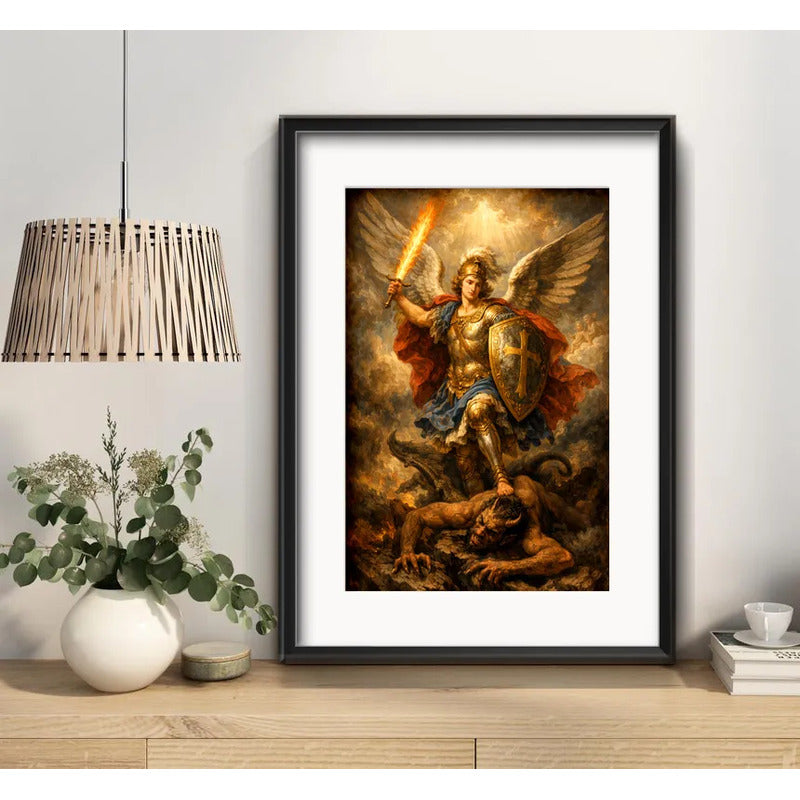 Cuadro San Miguel Arcángel Defensor Dios Jesus Con Paspartú Marco Negro