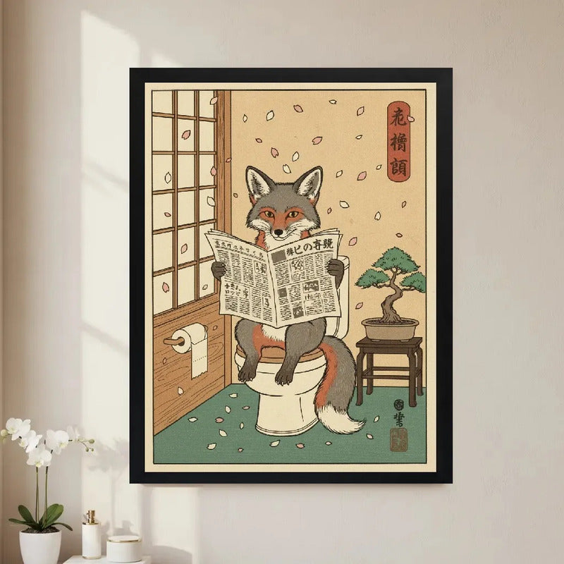 Cuadro Para Baño Zorro Arte Japón Bonsai Cerezo Decoracion Marco Negro