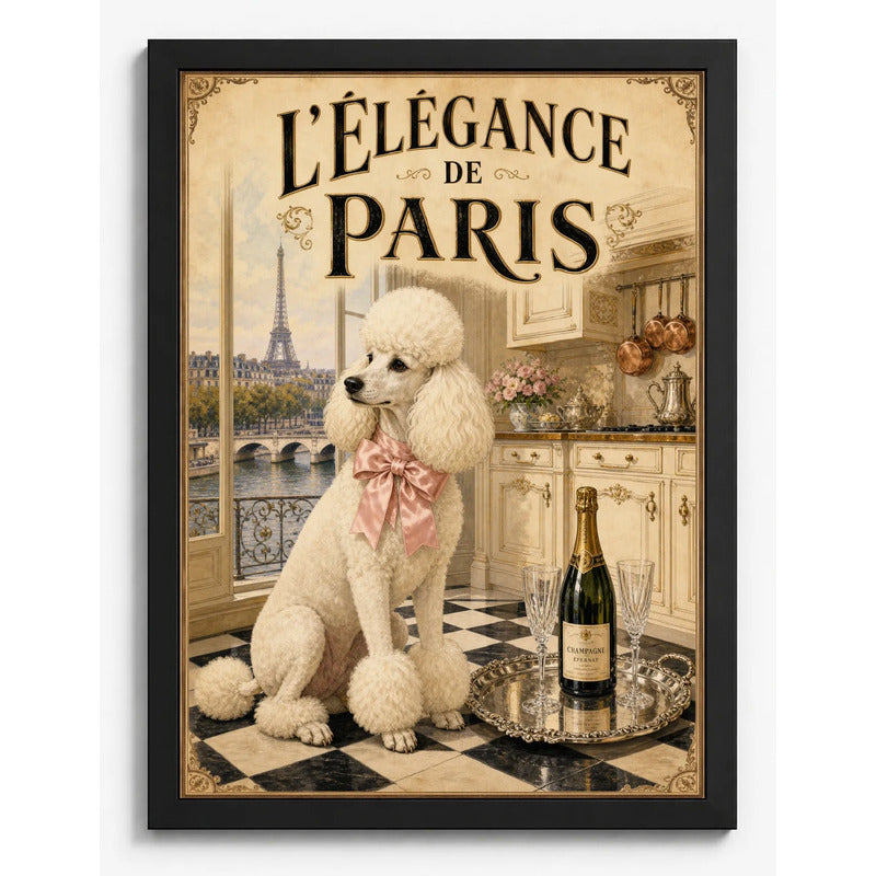 Cuadro Elegace Paris Poodle Perro Champagne Cocina Living Marco Negro