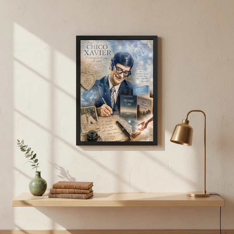 Cuadro Chico Xavier Médium Escritor Arte Espírita Retro Marco Negro