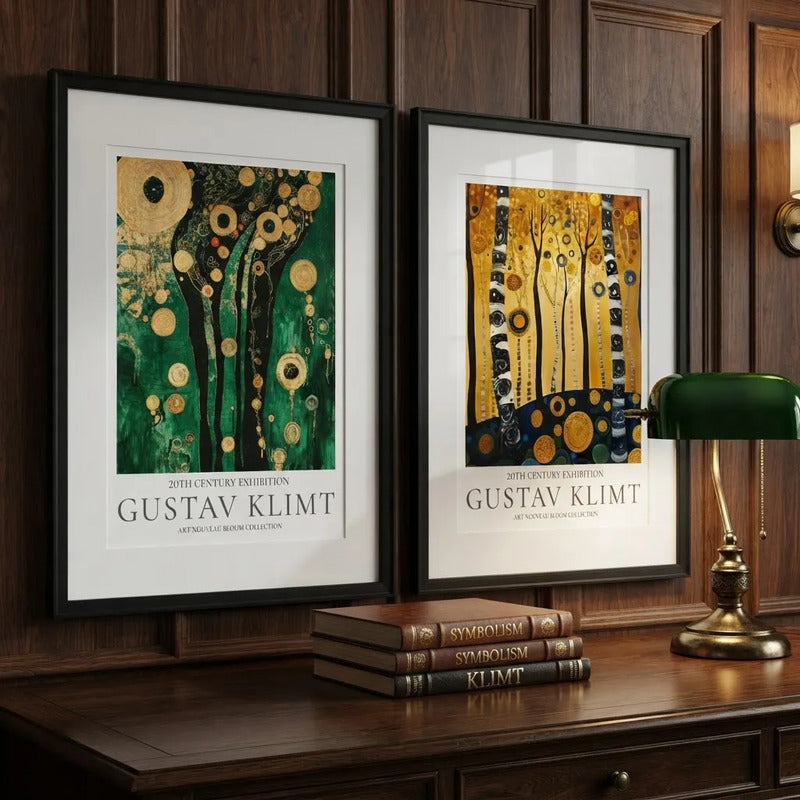 Set 2 Cuadros Gustav Klimt Árbol De La Vida Con Paspartú Marco Negro