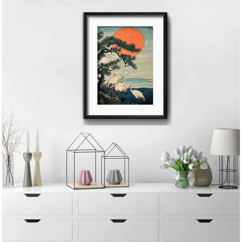 Cuadro Japonés Woodblock Grulla Arte 53x43cm Con Paspartú Marco Negro
