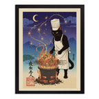 Cuadro Gato Negro Chef Asado Cocina Noche Luna Japón Arte Marco Negro
