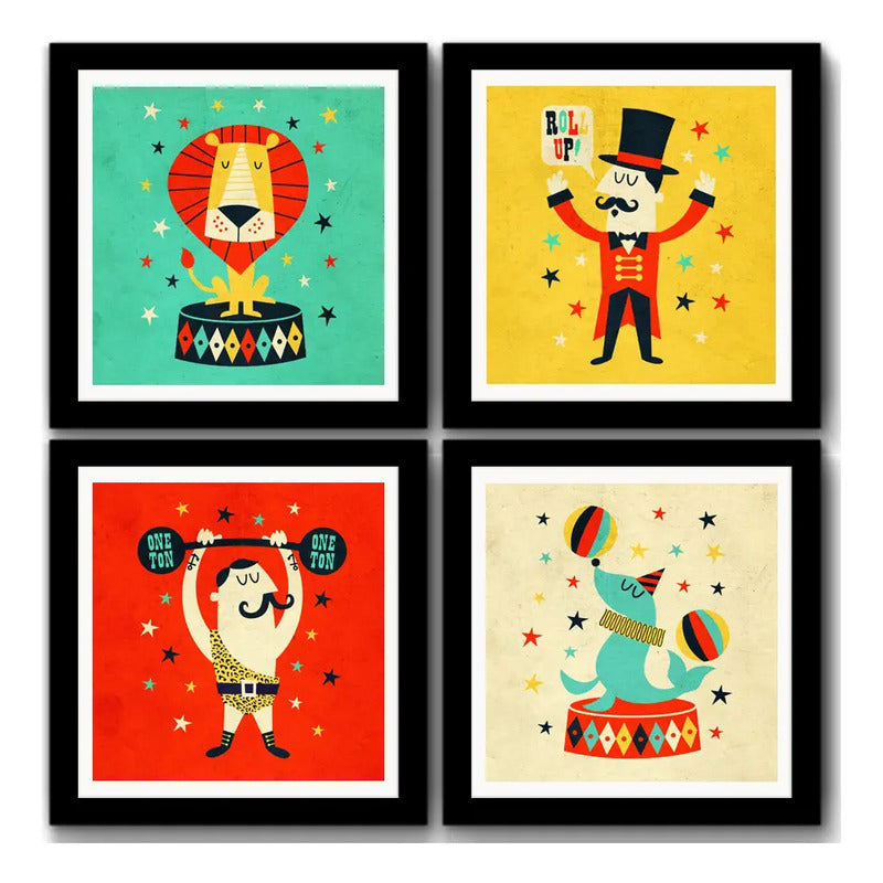 Set 4 Cuadros Circo Infantil Para Dormitorio Leon Decoracion