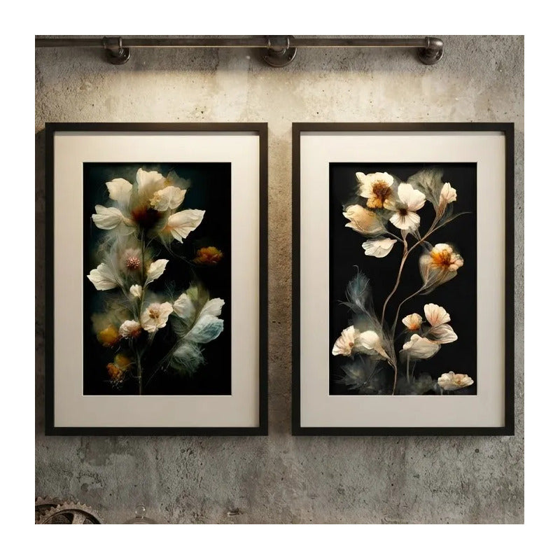 Set 2 Cuadros Flores Sagittaria Dry Flor Seca Con Paspartú Marco Negro