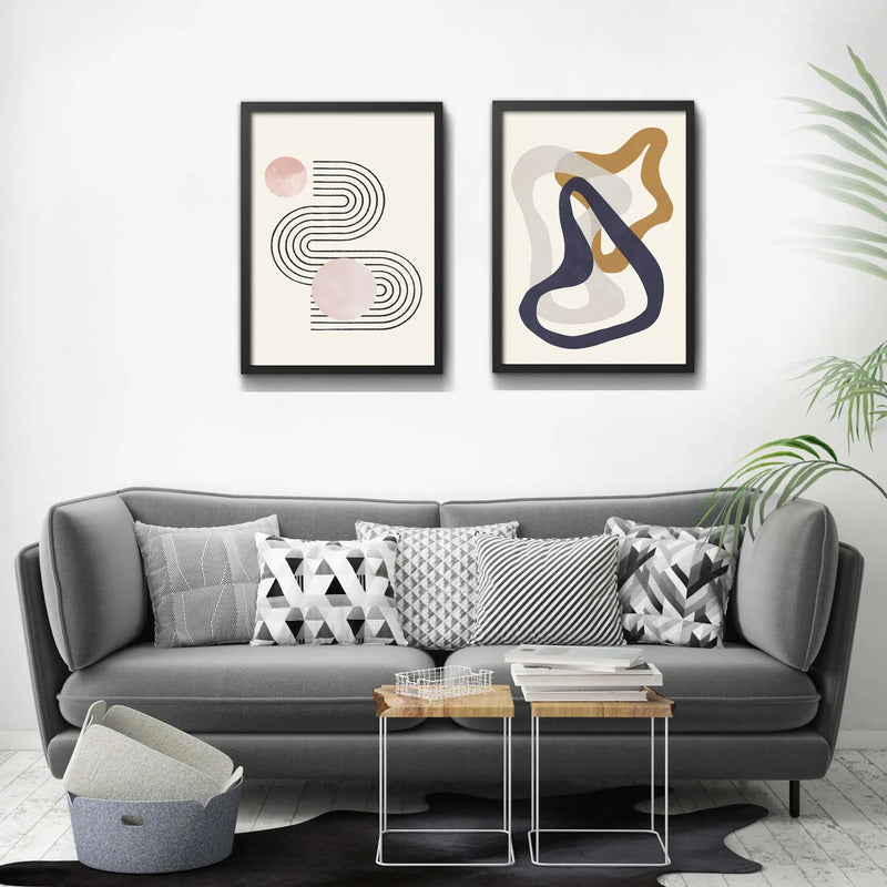 Set 2 Cuadros Boho Abstracto Duo Líneas Geométricas 53x43cm Marco Negro