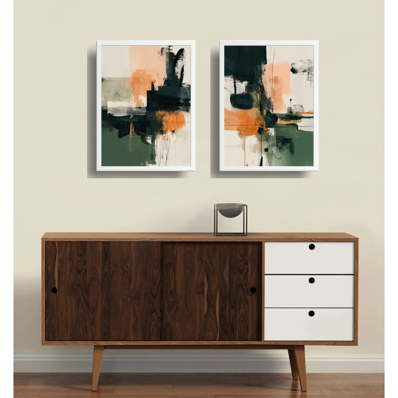 Set 2 Cuadros Dormitorio Living Abstracto Verde Durazno Brs2 Marco Blanco