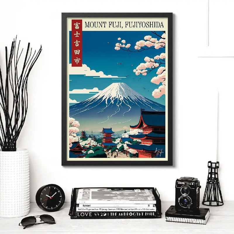 Cuadro Monte Fuji Sakura Fujiyoshida Arte Japonés Decoracion Marco Negro