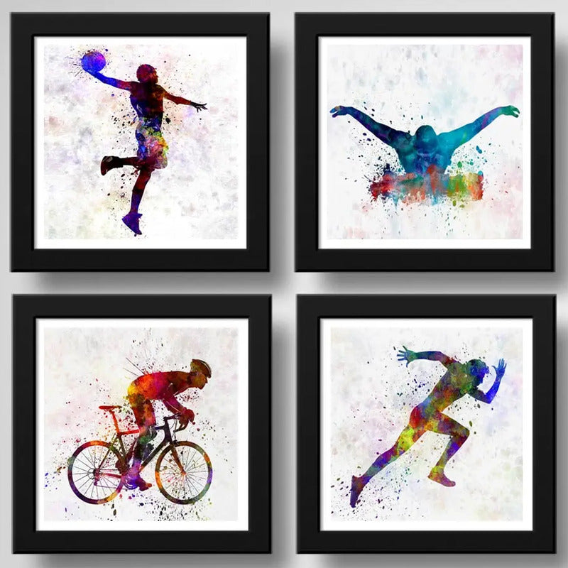 Set 4 Cuadros Carrera Natacion Basket Ciclismo Pop Art Decor