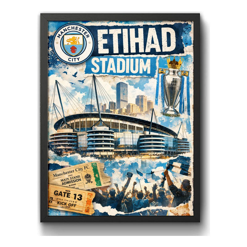 Cuadro Estadio Etihad Stadium Manchester City Futbol Retro Marco Negro