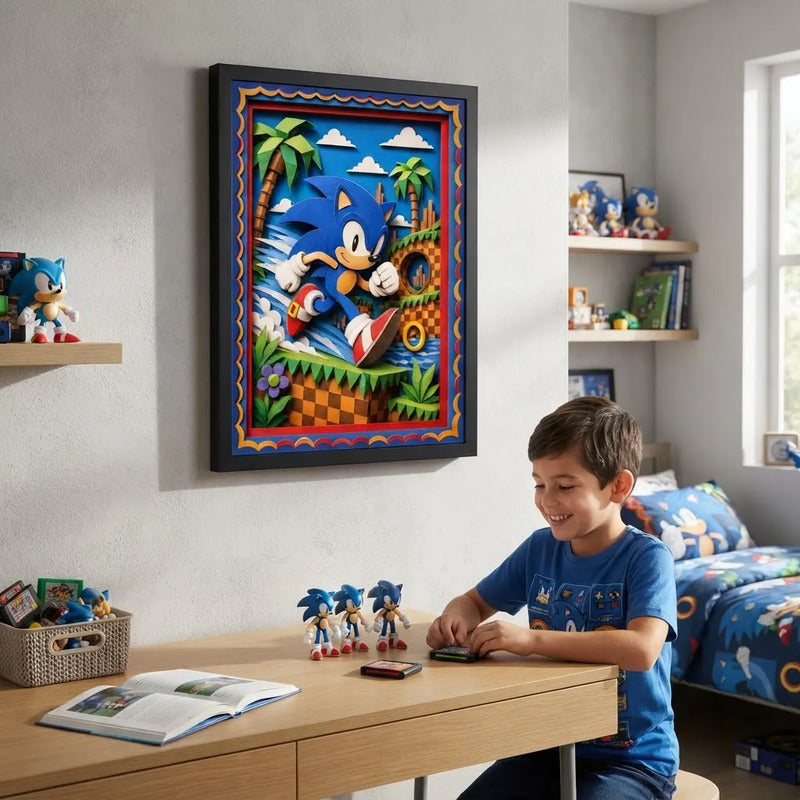 Cuadro Sonic The Hedgehog Efecto 3d Game Pelicula Marco Negro