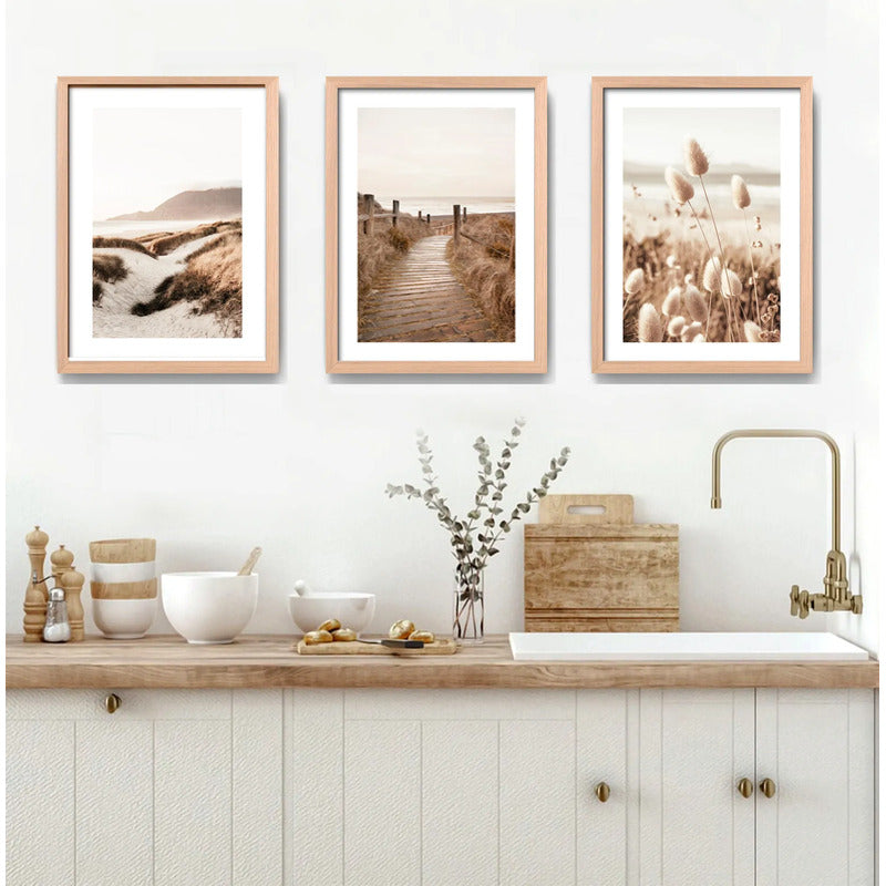 Set 3 Cuadros Paisajes De Playa Tonos Beige Neutros Dunas Marco Madera Natural Oak