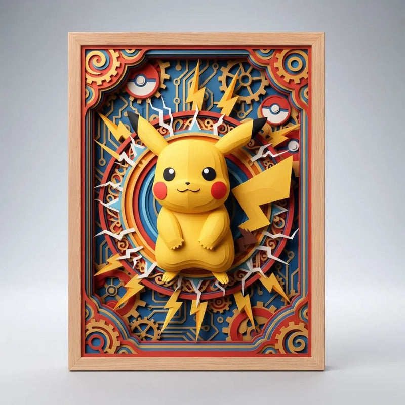 Cuadro Pikachu Efecto 3d Pokemon Anime Kids Japon Marco Madera Oak Madera Clara
